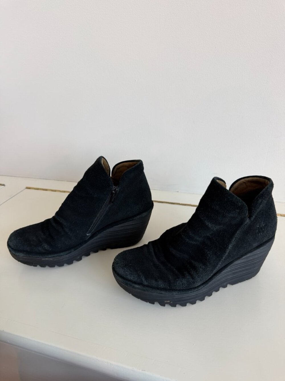 FLY London Black Suede Side Zip Wedge Ankle Booties Women